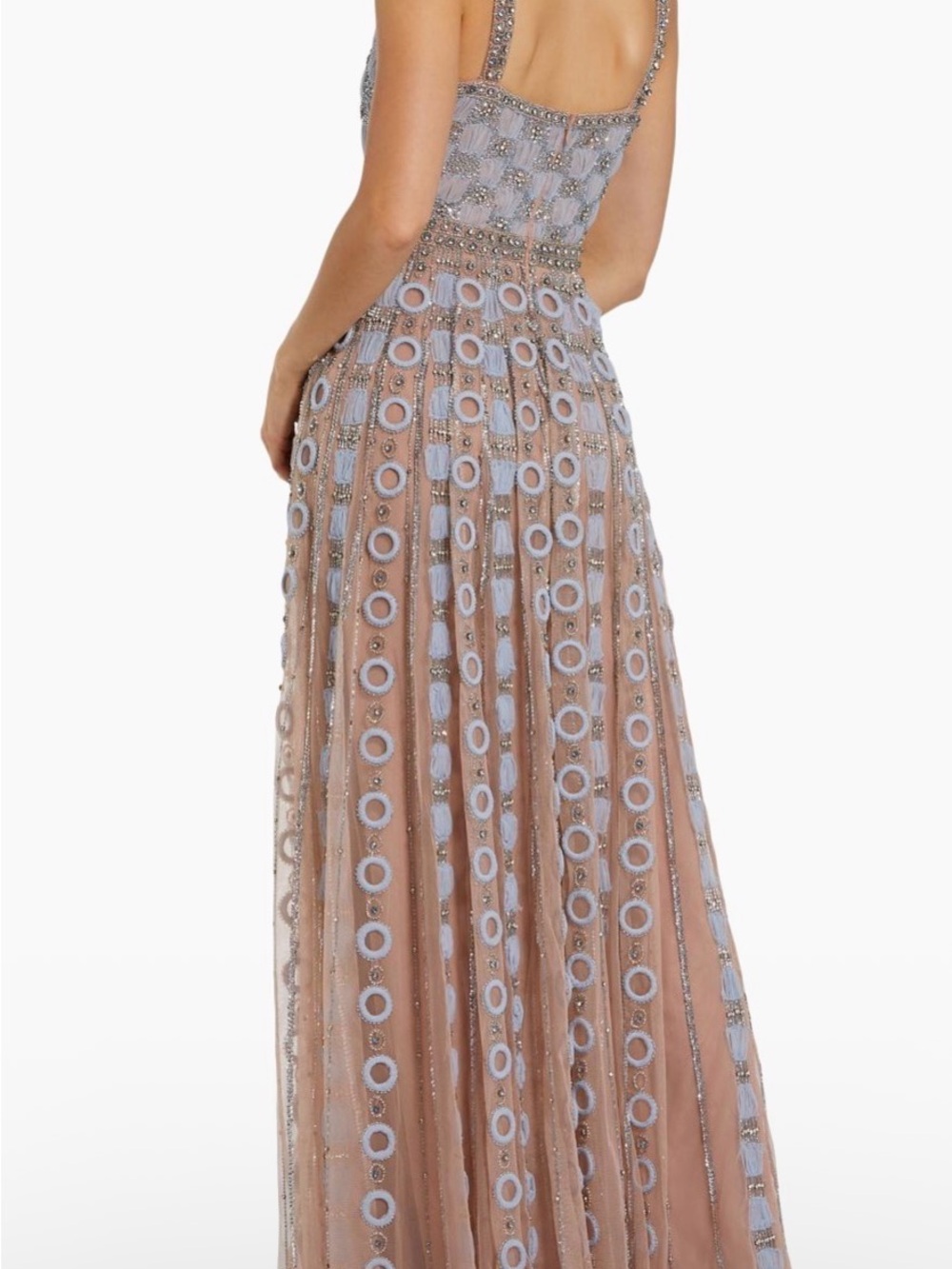 Mac Duggal embroidered mesh a-line Taupe Dress with Light Blue Appliqué - Picture 3 of 4